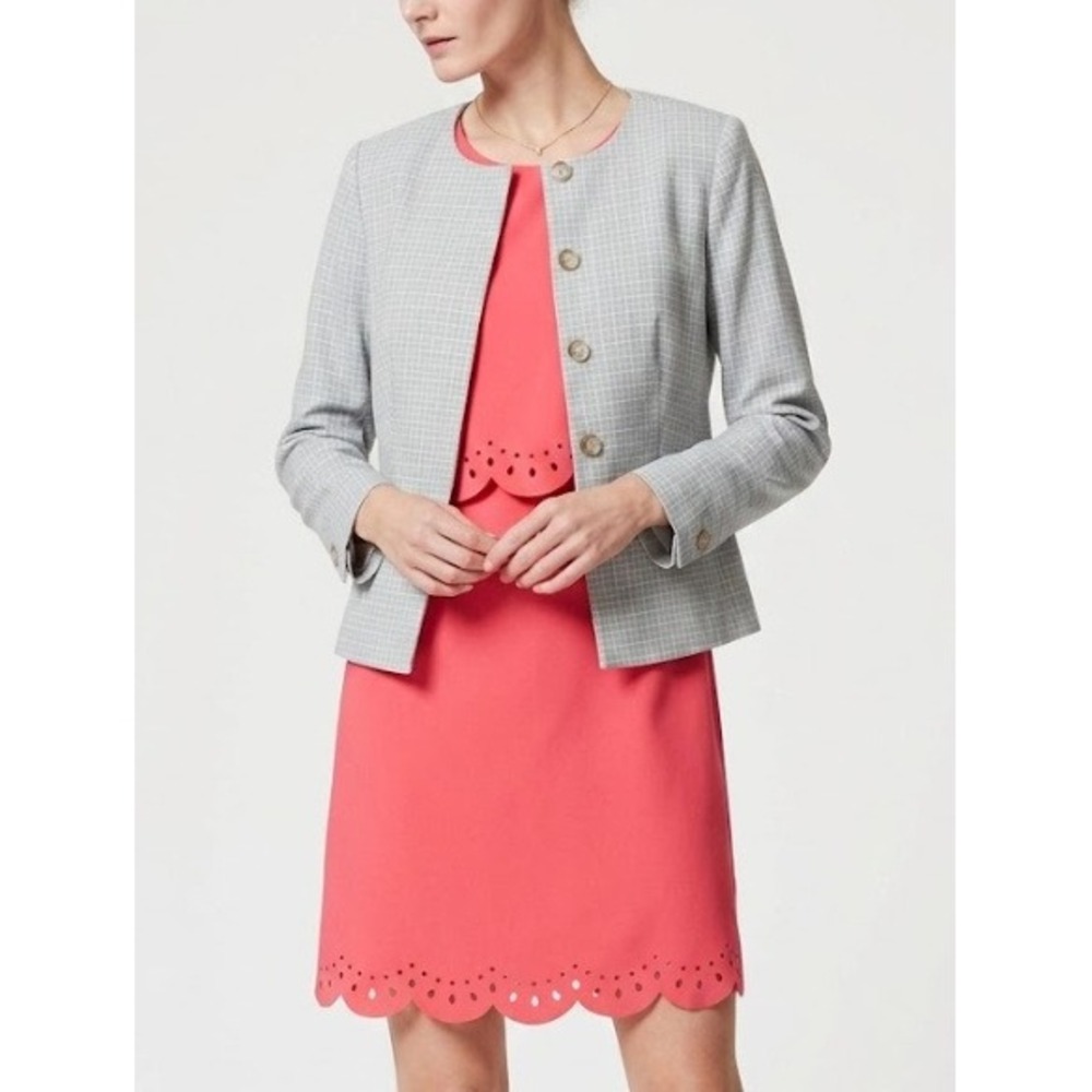 New Ann‎ Taylor LOFT Dress Blazer Set 6P Pink Grey Scalloped Laser Cut Preppy